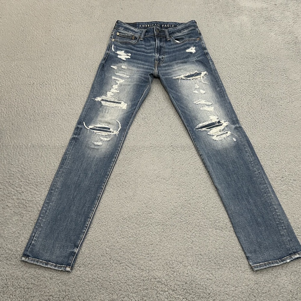 American Eagle Jeans Mens 29x32 Blue Denim Slim Straight Light Wash Distressed